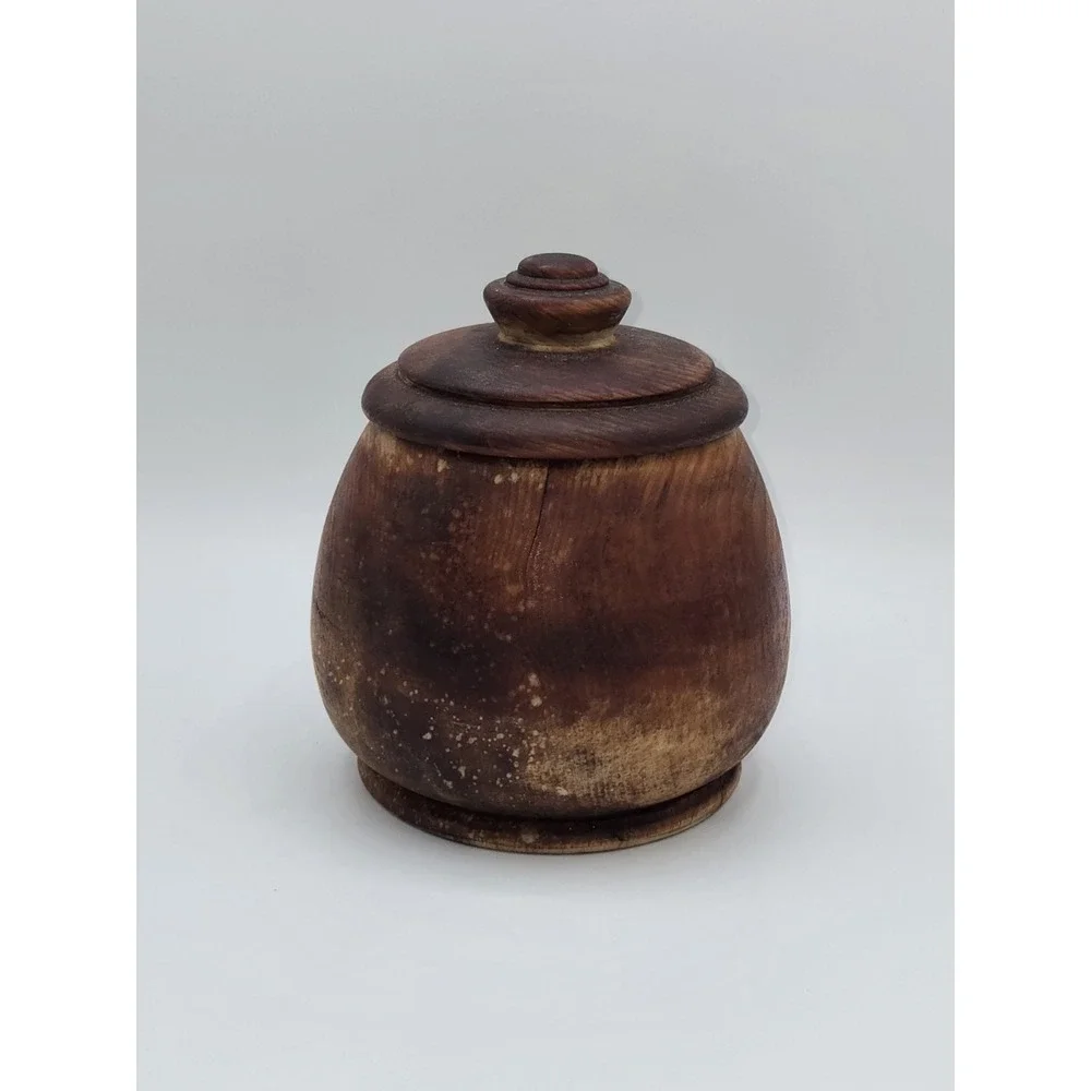 Vintage Hand Turned Wood Lidded Pot‎ Bowl Rustic Wooden Container 5.5